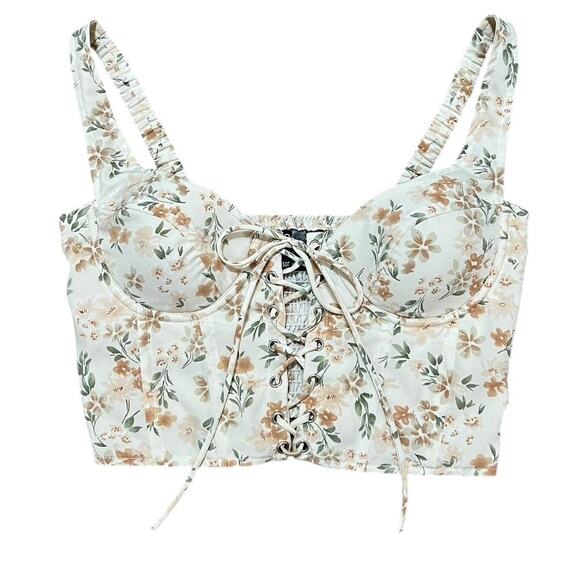 Windsor Ivory & Light Orange Floral Lace up Bustier Crop Top w Smocking S - Picture 1 of 8